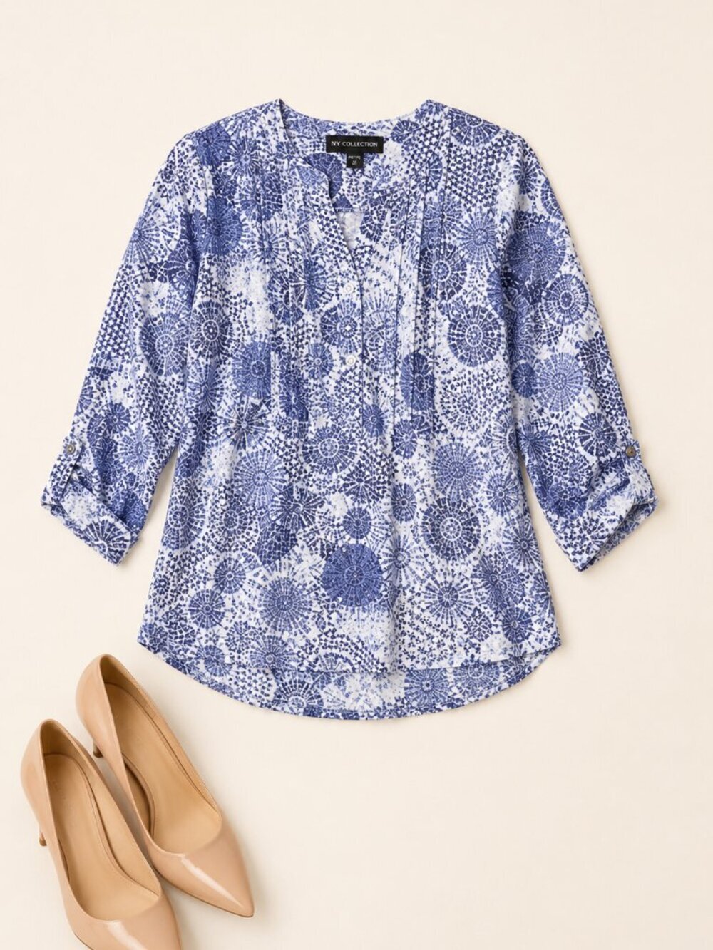 NY Collection Petite Tribal Print Pintuck Top PM Blue 3/4 Sleeve Boho Work Top - Picture 4 of 6